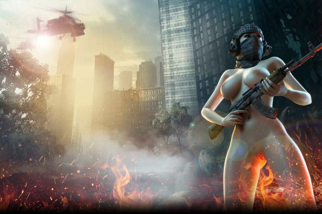 Call of Booty artwork with naked girl holding gun